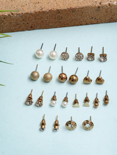 Scintillare By Sukkhi Unique Latest Stylish Design Gold Plated Crystal Pearls Studded Multiple Stylish Shaped Studs Combo Earrings for Women & Girls|Pair of 12|CBE107178