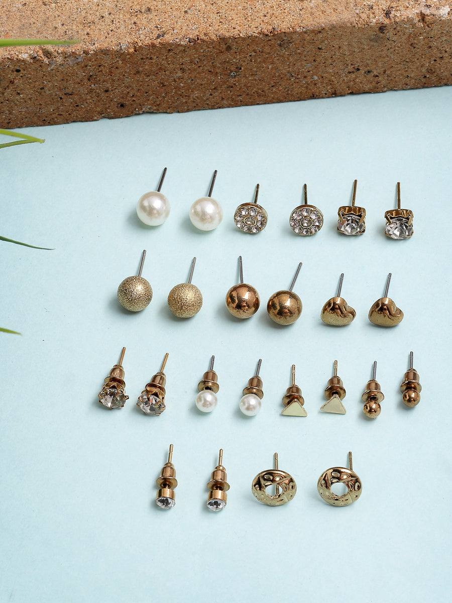 Scintillare By Sukkhi Unique Latest Stylish Design Gold Plated Crystal Pearls Studded Multiple Stylish Shaped Studs Combo Earrings for Women & Girls|Pair of 12|CBE107178