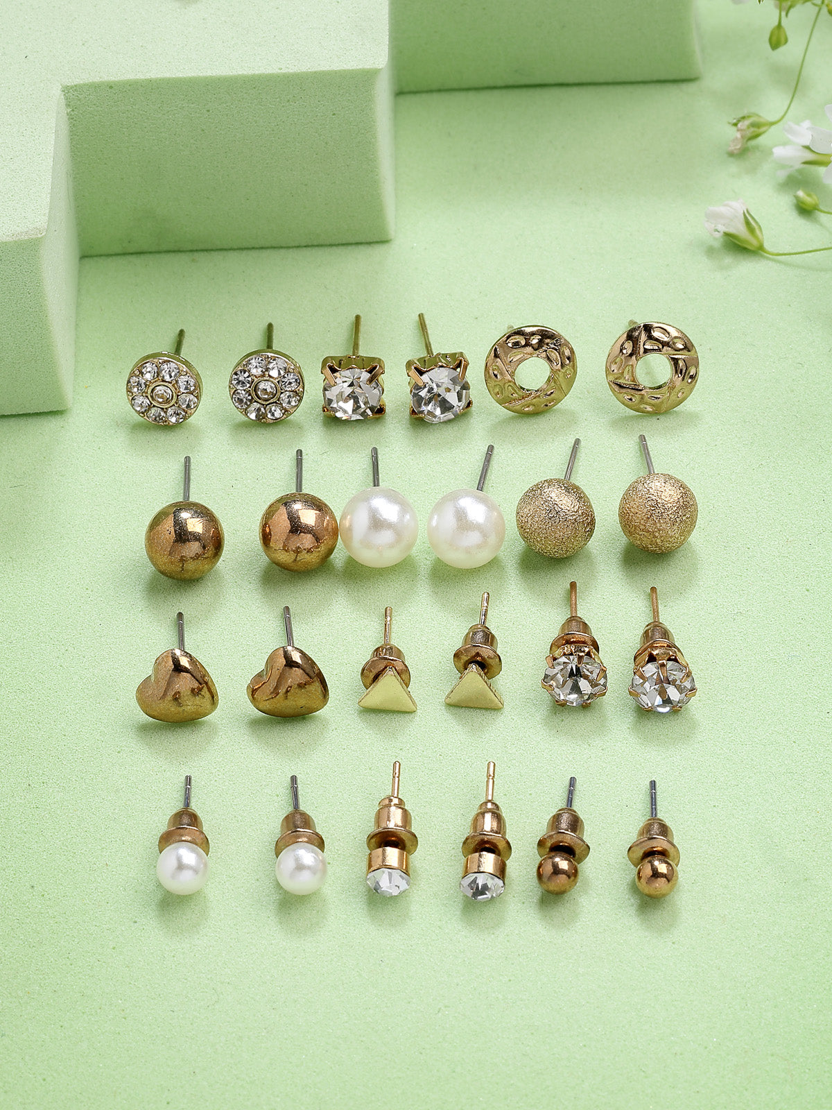 Scintillare By Sukkhi Unique Latest Stylish Design Gold Plated Crystal Pearls Studded Multiple Stylish Shaped Studs Combo Earrings for Women & Girls|Pair of 12|CBE107178