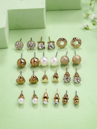 Scintillare By Sukkhi Unique Latest Stylish Design Gold Plated Crystal Pearls Studded Multiple Stylish Shaped Studs Combo Earrings for Women & Girls|Pair of 12|CBE107178