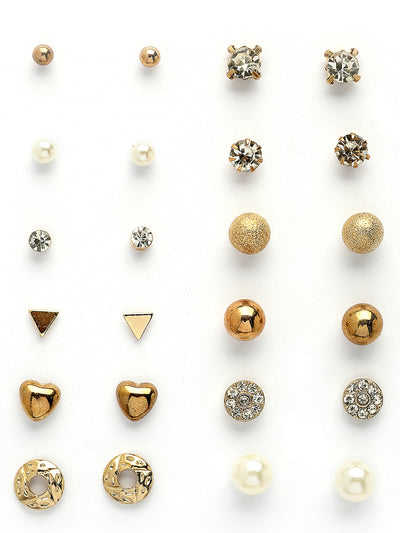 Scintillare By Sukkhi Unique Latest Stylish Design Gold Plated Crystal Pearls Studded Multiple Stylish Shaped Studs Combo Earrings for Women & Girls|Pair of 12|CBE107178