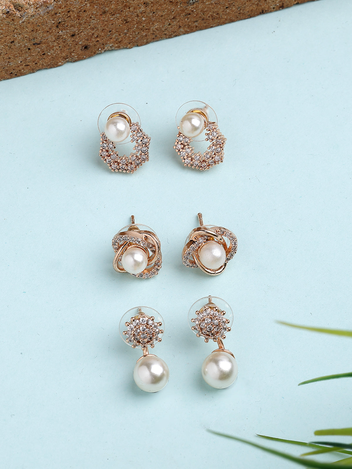 Scintillare By Sukkhi Eye-Catchy Cubic Zirconia & Pearls Studded Rose Gold Plated Contemporary Stylish Studs & Drop Combo Earrings for Women & Girls|Pair of 3|CBE107179