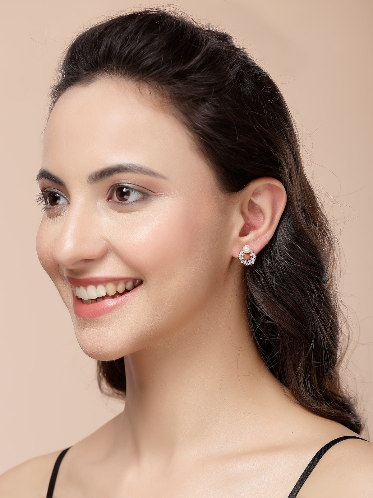 Scintillare By Sukkhi Eye-Catchy Cubic Zirconia & Pearls Studded Rose Gold Plated Contemporary Stylish Studs & Drop Combo Earrings for Women & Girls|Pair of 3|CBE107179