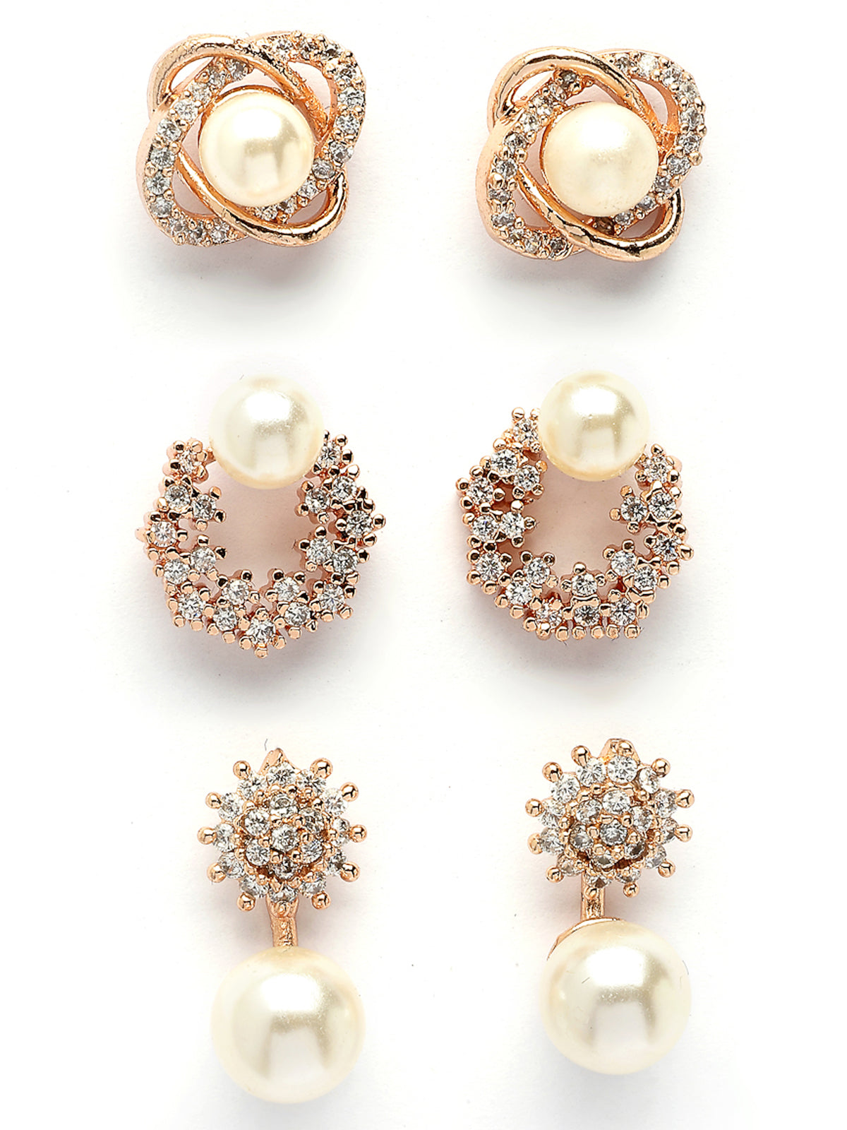Scintillare By Sukkhi Eye-Catchy Cubic Zirconia & Pearls Studded Rose Gold Plated Contemporary Stylish Studs & Drop Combo Earrings for Women & Girls|Pair of 3|CBE107179
