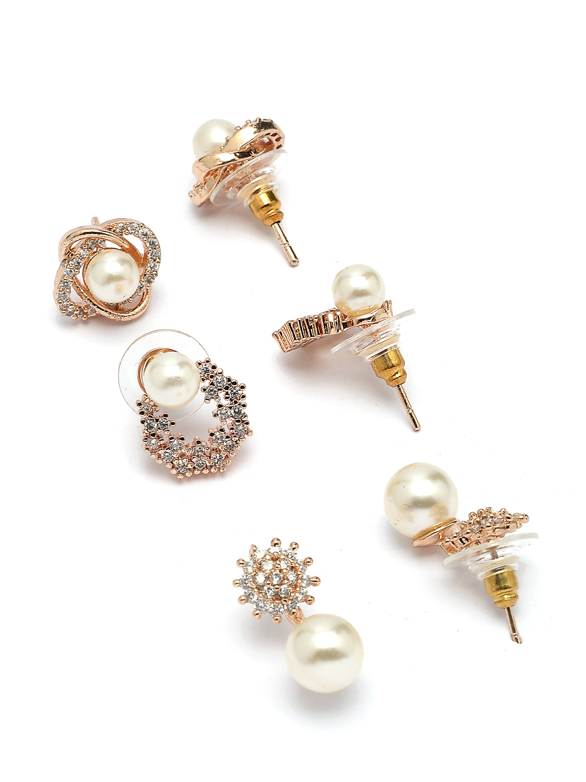 Scintillare By Sukkhi Eye-Catchy Cubic Zirconia & Pearls Studded Rose Gold Plated Contemporary Stylish Studs & Drop Combo Earrings for Women & Girls|Pair of 3|CBE107179