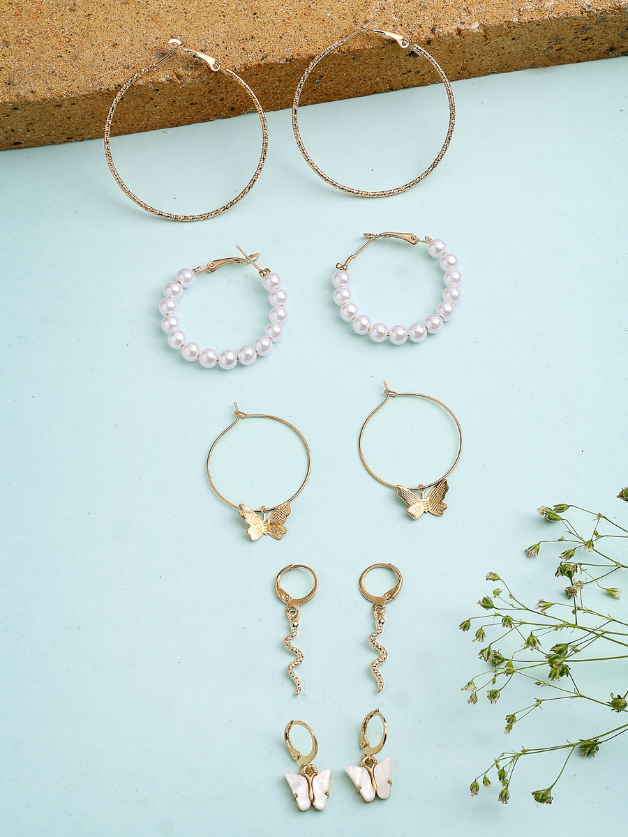 Scintillare By Sukkhi Decorative Latest Stylish Gold Plated Pearls Western Hoop Combo Earrings for Women & Girls|Pair of 5|Gifts for Wife Girlfriend Mother Sister|CBE107183