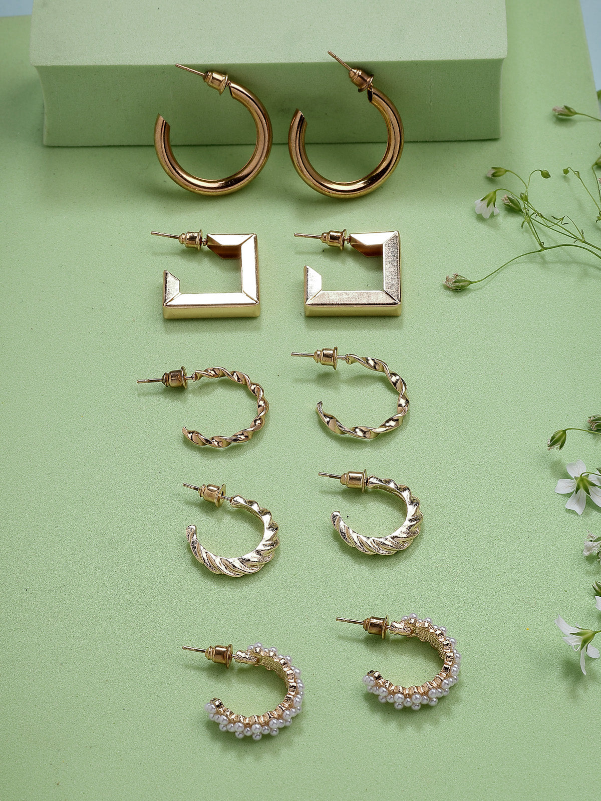 Scintillare By Sukkhi Beautiful Gold Plated Pearls Studded Contemporary Min Hoop Style Combo Earrings for Women & Girls|Pair of 5|Gifts for Wife Girlfriend Mother Sister|CBE107186