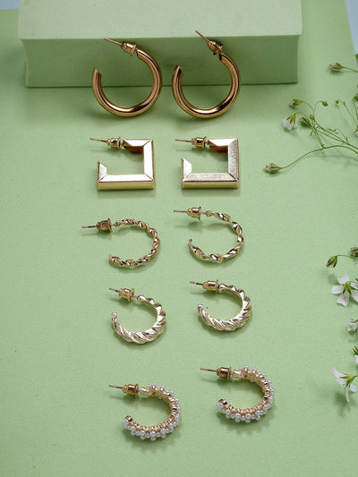 Scintillare By Sukkhi Beautiful Gold Plated Pearls Studded Contemporary Min Hoop Style Combo Earrings for Women & Girls|Pair of 5|Gifts for Wife Girlfriend Mother Sister|CBE107186