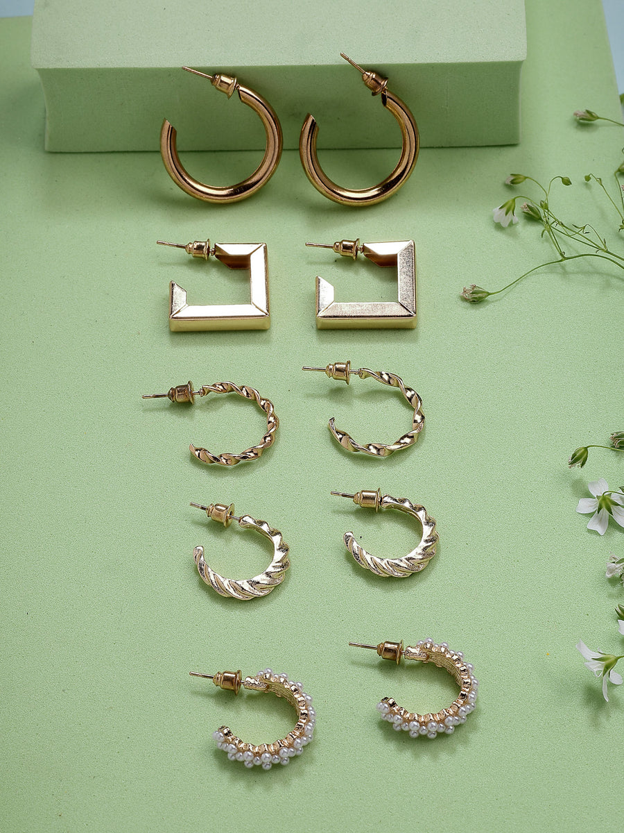 Scintillare By Sukkhi Beautiful Gold Plated Pearls Studded Contemporary Min Hoop Style Combo Earrings for Women & Girls|Pair of 5|Gifts for Wife Girlfriend Mother Sister|CBE107186