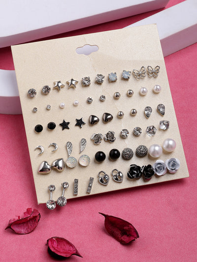 Scintillare By Sukkhi Ultra-Modern Multi Stylish Rhodium Plated Crystal & Pearls Studded Studs Combo Earrings For Women & Girls|Pair of 30|Gifts for Wife Girlfriend Mother Sister|CBE107190