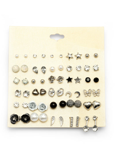 Scintillare By Sukkhi Ultra-Modern Multi Stylish Rhodium Plated Crystal & Pearls Studded Studs Combo Earrings For Women & Girls|Pair of 30|Gifts for Wife Girlfriend Mother Sister|CBE107190