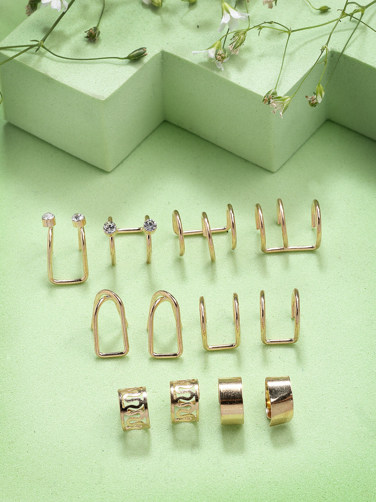 Scintillare By Sukkhi Latest Stylish Fashinable Gold Plated Multi Style Clip On Ear Cuff Combo Earrings For Women Girls & Men|Pc of 12|CBE107191