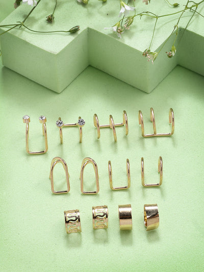 Scintillare By Sukkhi Latest Stylish Fashinable Gold Plated Multi Style Clip On Ear Cuff Combo Earrings For Women Girls & Men|Pc of 12|CBE107191