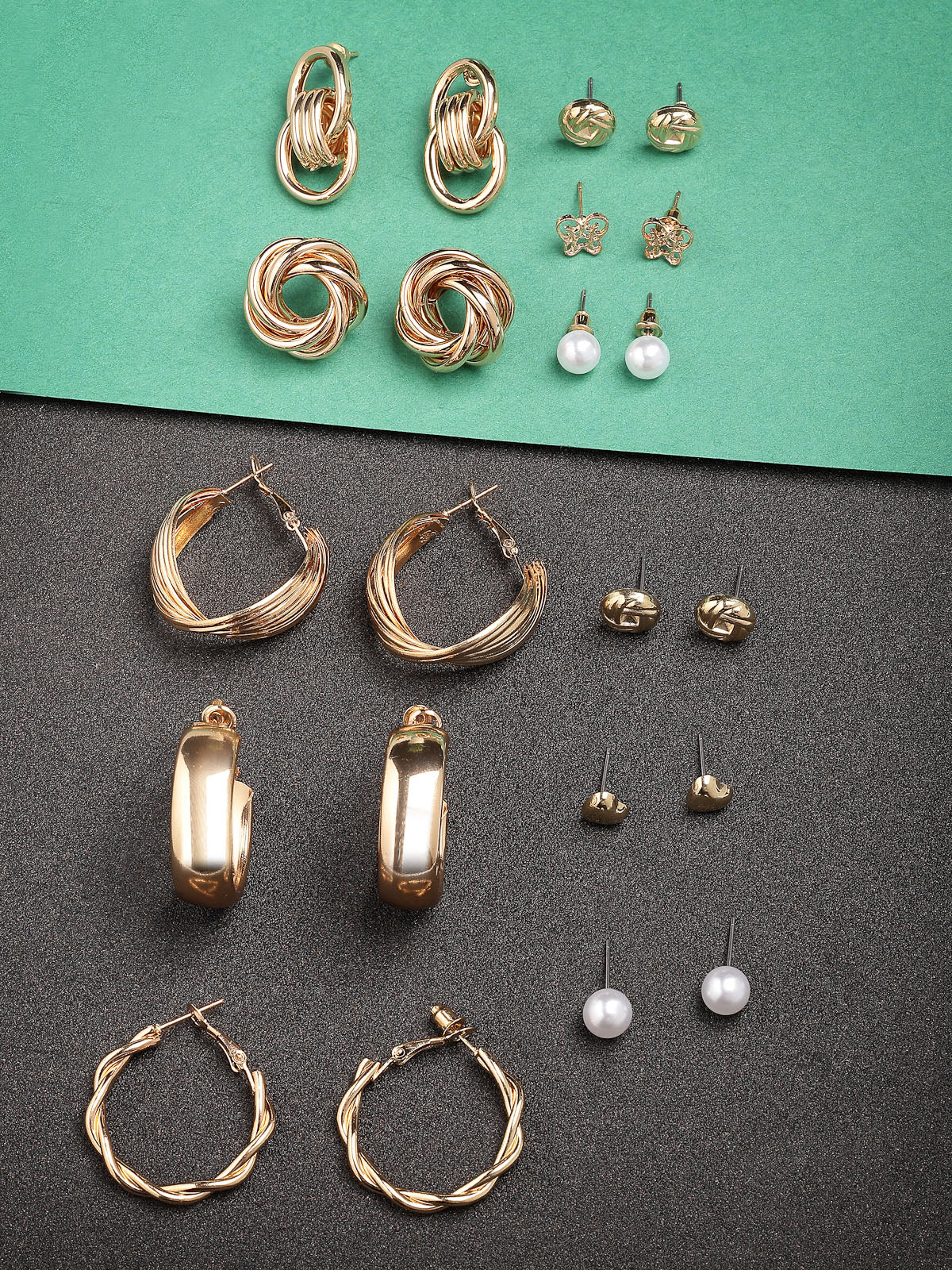 Scintillare By Sukkhi Decent Latest Stylish Fashionable Geometric Shaped Unique Studs Hoop Pearls Studded Gold Plated Combo Earrings For Women & Girls|Pair of 11|CBE107193