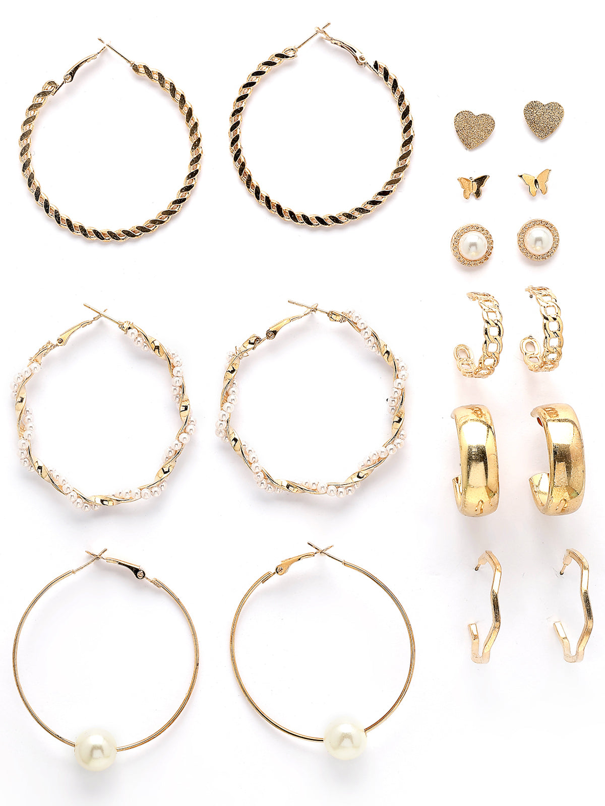 Scintillare By Sukkhi Desirable Latest Stylish Gold Plated Multi Shaped Diamond & Pearls Studded Studs Hoop Combo Earrings for Women & Girls|Pair of 9|CBE107196