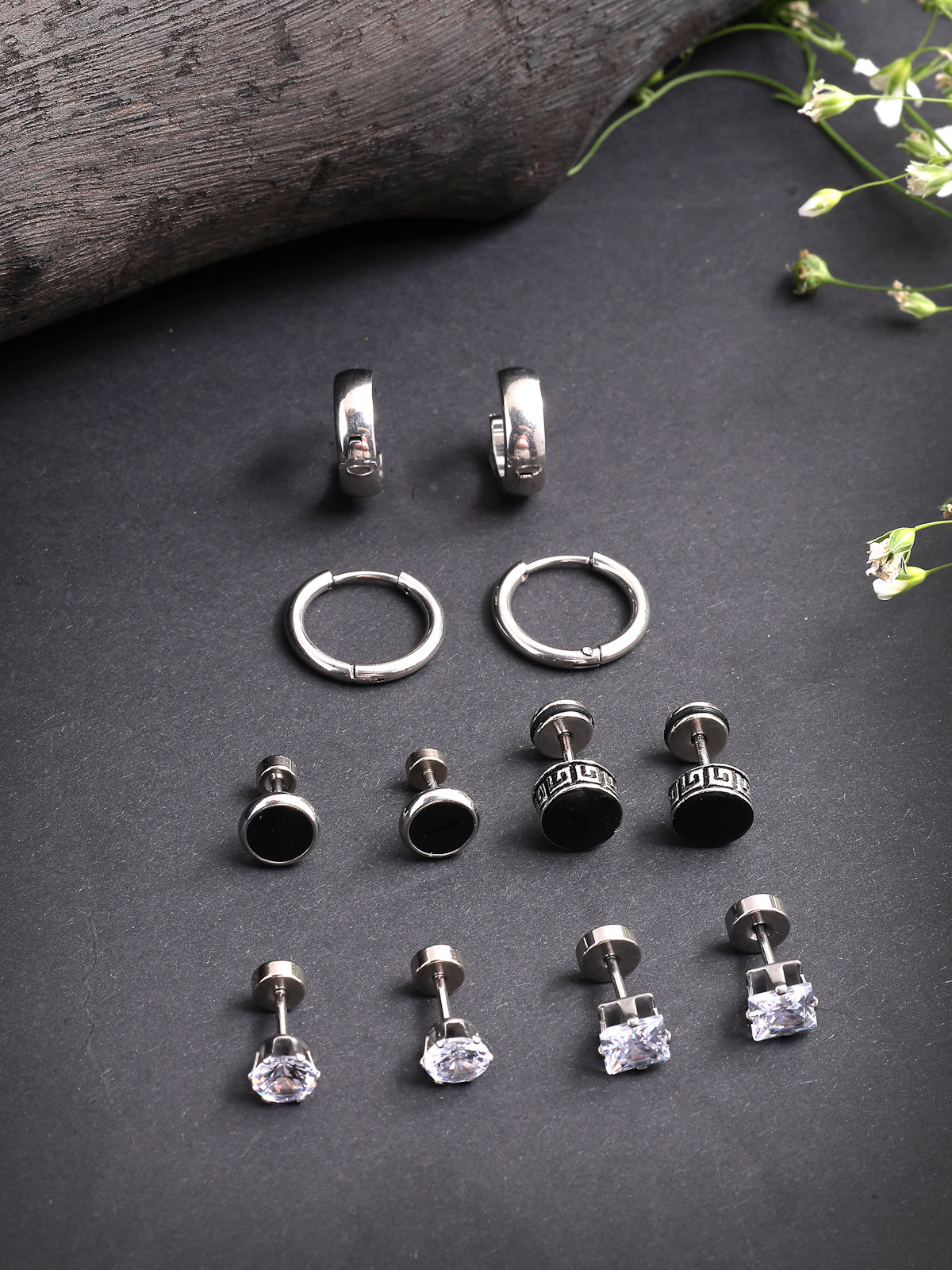 Scintillare By Sukkhi Attractive Stainless Sheel Rhodium Plated Silver Black Studs & Hoop Combo Earrings for Men & Boys|for Unisex|Pair of 6|CBE107198