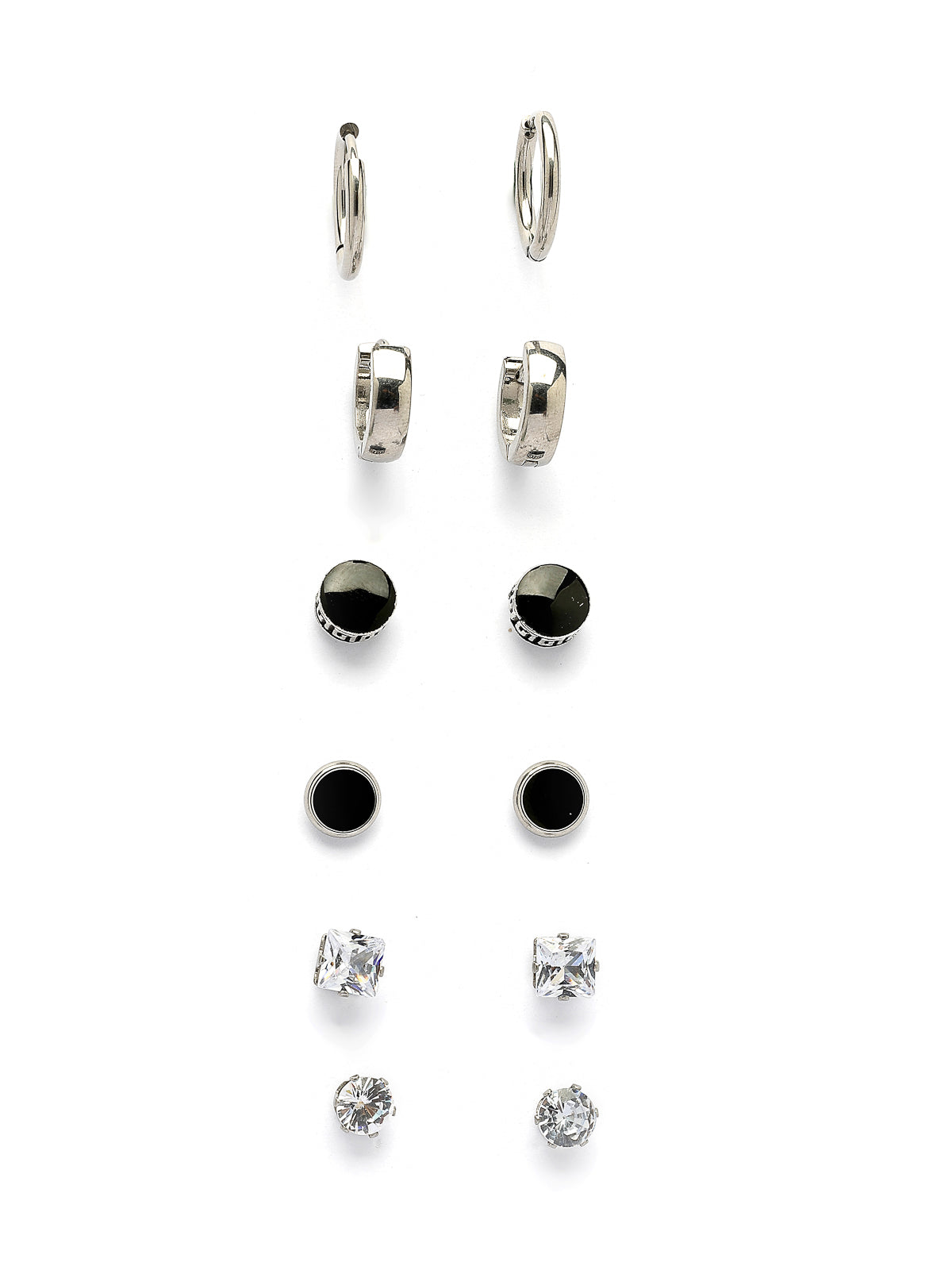 Scintillare By Sukkhi Attractive Stainless Sheel Rhodium Plated Silver Black Studs & Hoop Combo Earrings for Men & Boys|for Unisex|Pair of 6|CBE107198