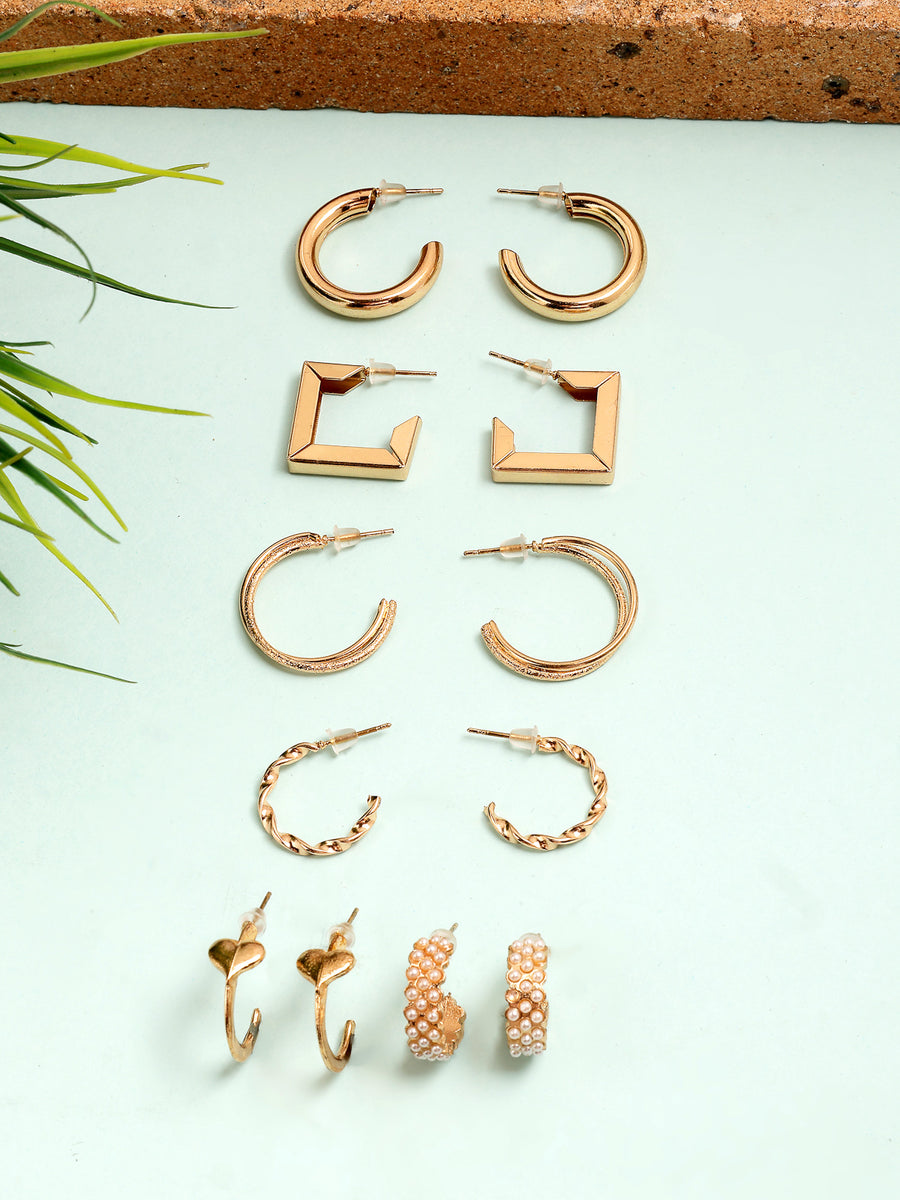 Scintillare By Sukkhi Geometric Fashionable Latest Stylish Gold Plated Pearls Studded Trendy Hoop Combo Earrings for Women & Girls|Pair of 6|CBE107203
