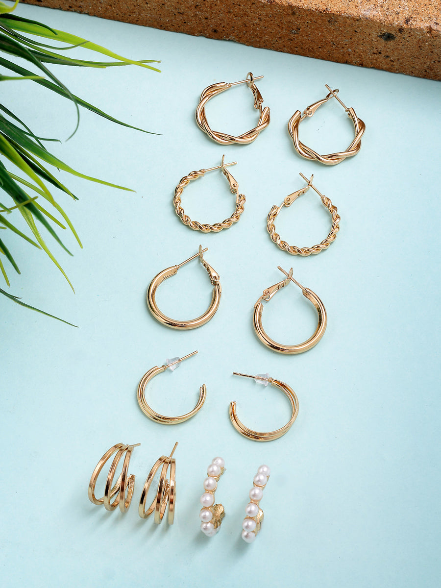Scintillare By Sukkhi Fashion Forward Gold Plated Pearls Studded Trendy Latest Stylish Hoop Combo Earrings for Women & Girls|Pair of 6|CBE107204
