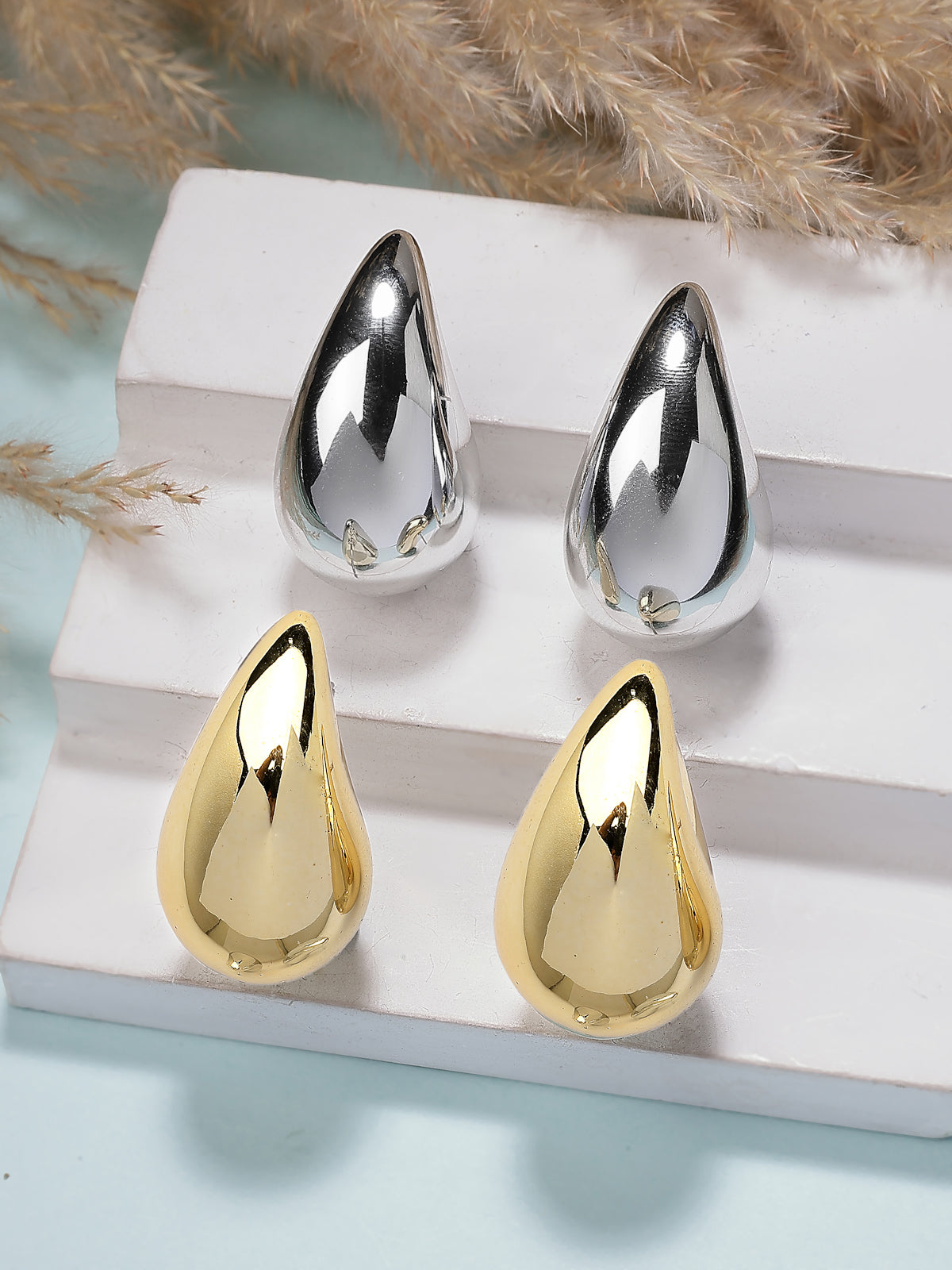 Scintillare By Sukkhi Celebrity Inspired Styish Gold Silver Plated Teardrop Dupes Combo Earring for Women Girls|Teenagers Trending Oversized Lightweight Statement Waterdrop Earrings|Pair of 2|CBE107205