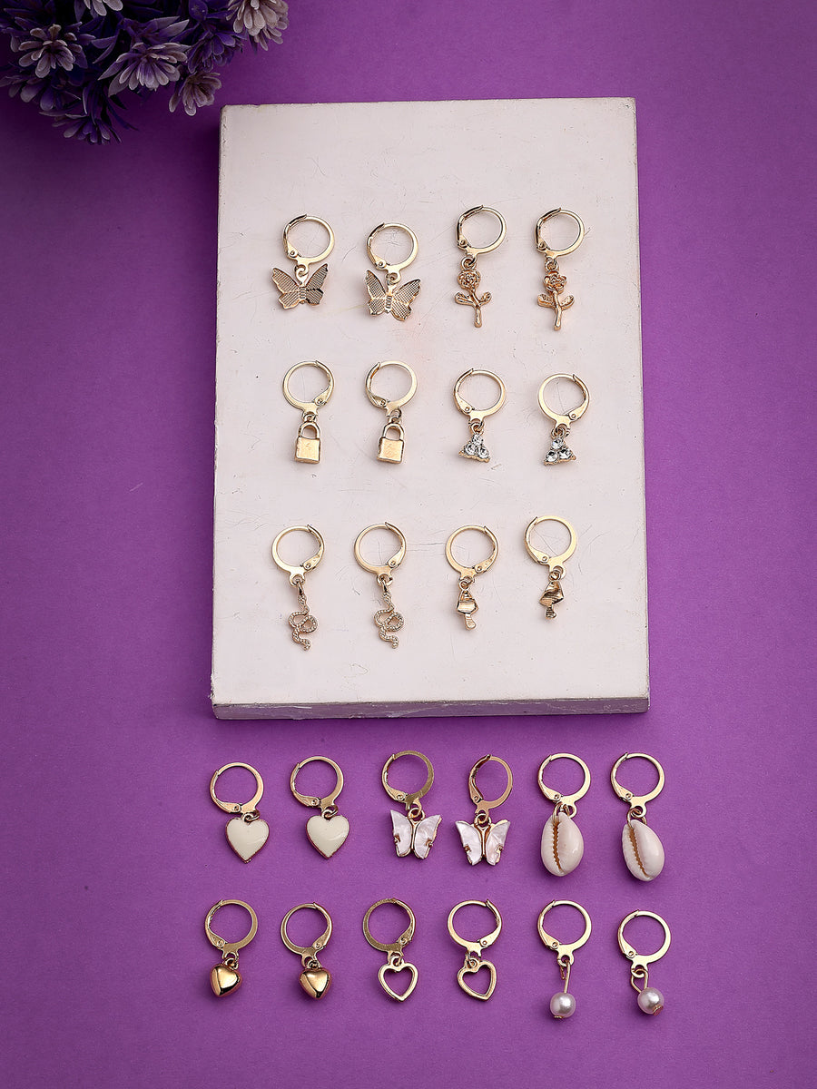 Scintillare By Sukkhi Vintage Fashionable Latest Stylish Gold Plated Multi Shaped Hoop & Drop Style Combo Earrings for Women & Girls|Pair of 12|CBE107207