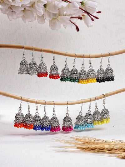 Sukkhi Casual Fashion Style Oxidised Silver Plated with Multicolor Beaded Mini Jhumka/Jhumki Earring Combo Jewellery for Women & Girls|Pair of 10|CBE107305