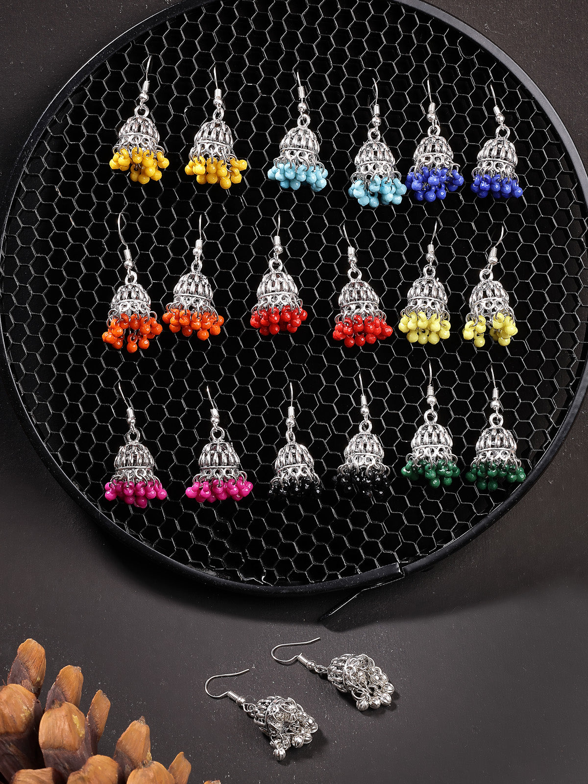 Sukkhi Casual Fashion Style Oxidised Silver Plated with Multicolor Beaded Mini Jhumka/Jhumki Earring Combo Jewellery for Women & Girls|Pair of 10|CBE107305