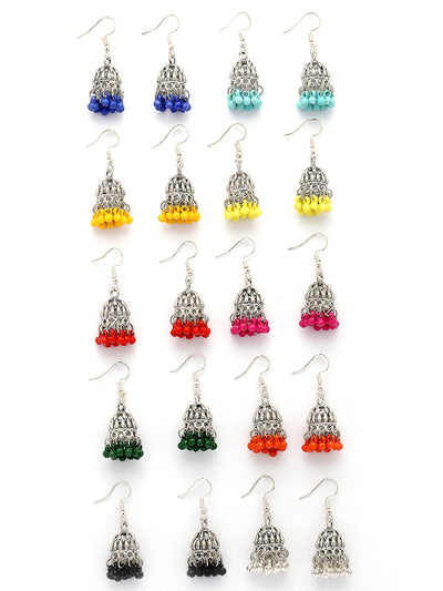 Sukkhi Casual Fashion Style Oxidised Silver Plated with Multicolor Beaded Mini Jhumka/Jhumki Earring Combo Jewellery for Women & Girls|Pair of 10|CBE107305
