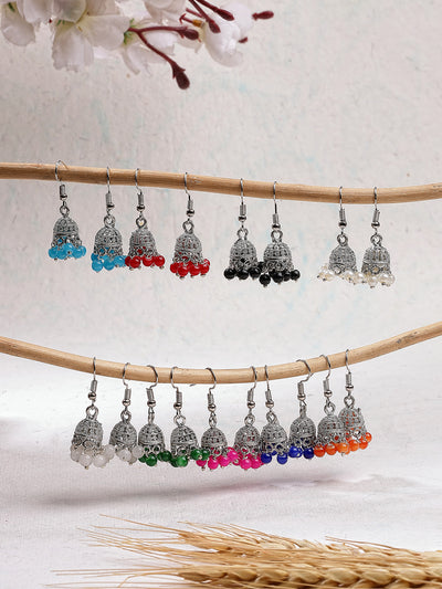 Sukkhi Decent Ethnice Fashion Oxidised Silver Plated with Multi Color Beaded Jhumka/Jhumki Earring Combo Jewellery for Women & Girls|Pair of 9|CBE107306