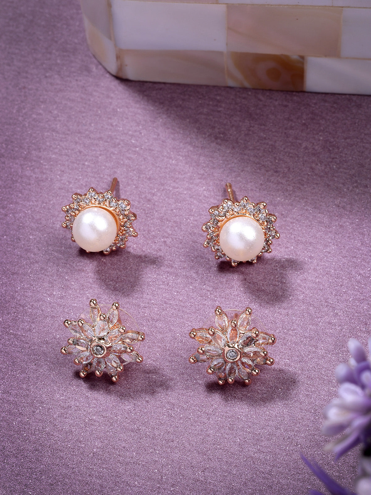 Sukkhi Beautiful Elegant Floral Stylish Gold Tone Plated with Cubic Zirconia Diamond & Pearls Studded Brass Studs Combo Earrings Jewellery For Women & Girls|Pair of 2|CBE107307