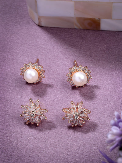 Sukkhi Beautiful Elegant Floral Stylish Gold Tone Plated with Cubic Zirconia Diamond & Pearls Studded Brass Studs Combo Earrings Jewellery For Women & Girls|Pair of 2|CBE107307