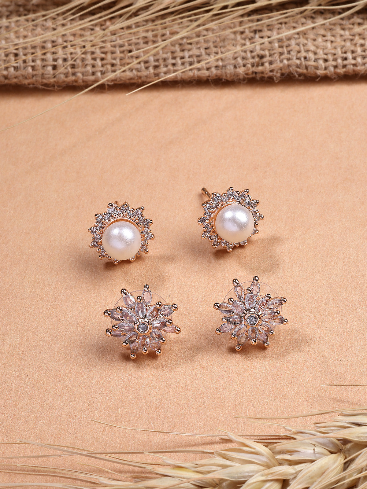 Sukkhi Beautiful Elegant Floral Stylish Gold Tone Plated with Cubic Zirconia Diamond & Pearls Studded Brass Studs Combo Earrings Jewellery For Women & Girls|Pair of 2|CBE107307