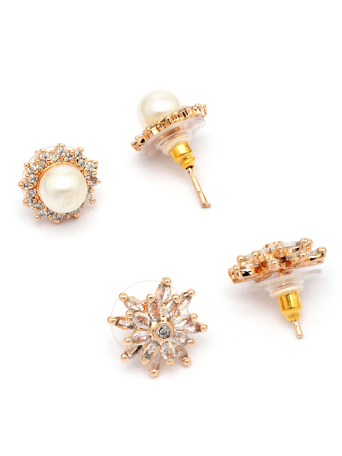 Sukkhi Beautiful Elegant Floral Stylish Gold Tone Plated with Cubic Zirconia Diamond & Pearls Studded Brass Studs Combo Earrings Jewellery For Women & Girls|Pair of 2|CBE107307