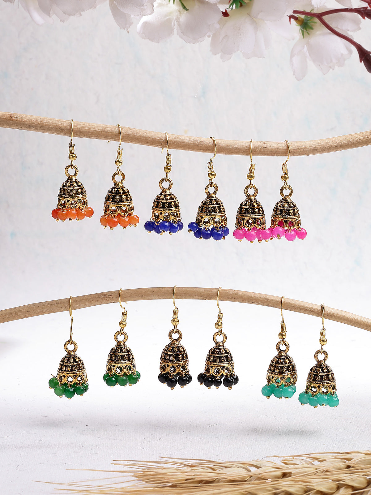 Sukkhi Indian Traditional Oxidised Silver Plated Multicolour Beaded Jhumka/Jhumaki Combo Earrings Jewellery For Women & Girls|Pair of 6|CBE107308