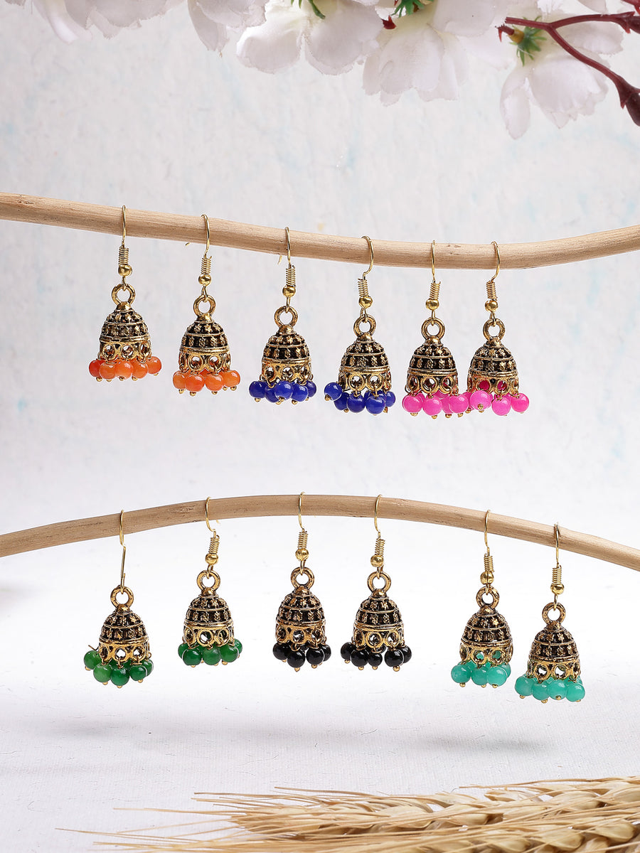 Sukkhi Indian Traditional Oxidised Silver Plated Multicolour Beaded Jhumka/Jhumaki Combo Earrings Jewellery For Women & Girls|Pair of 6|CBE107308