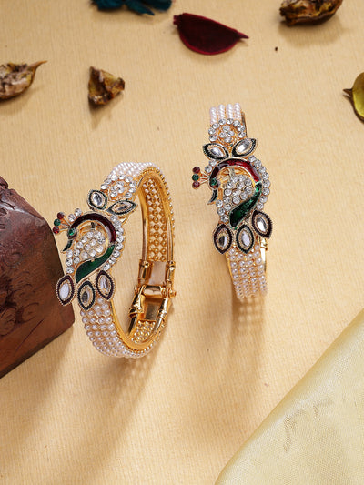 Sukkhi Trendy Fashion 18K Gold Plated with Diamond Studded Peacock Shaped & Meenakari Work Kada Bangle Set Jewellery For Women & Girls|Pack of 2|CBK107312 CBK107312