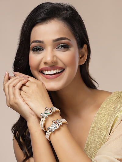 Sukkhi Trendy Fashion 18K Gold Plated with Diamond Studded Peacock Shaped & Meenakari Work Kada Bangle Set Jewellery For Women & Girls|Pack of 2|CBK107312 CBK107312