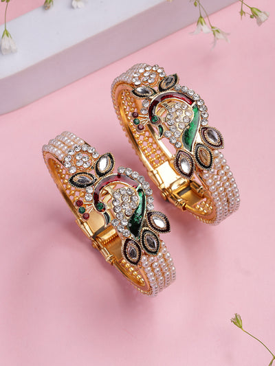 Sukkhi Trendy Fashion 18K Gold Plated with Diamond Studded Peacock Shaped & Meenakari Work Kada Bangle Set Jewellery For Women & Girls|Pack of 2|CBK107312 CBK107312