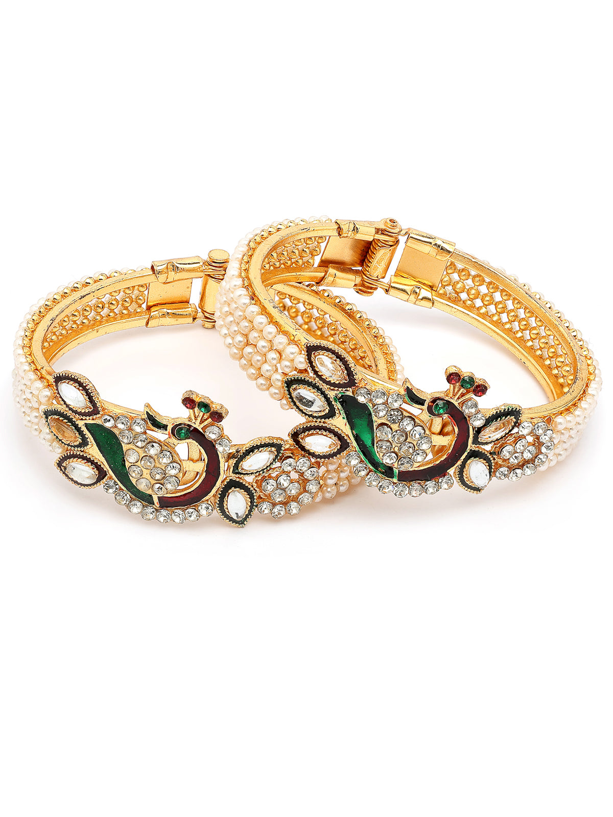 Sukkhi Trendy Fashion 18K Gold Plated with Diamond Studded Peacock Shaped & Meenakari Work Kada Bangle Set Jewellery For Women & Girls|Pack of 2|CBK107312 CBK107312