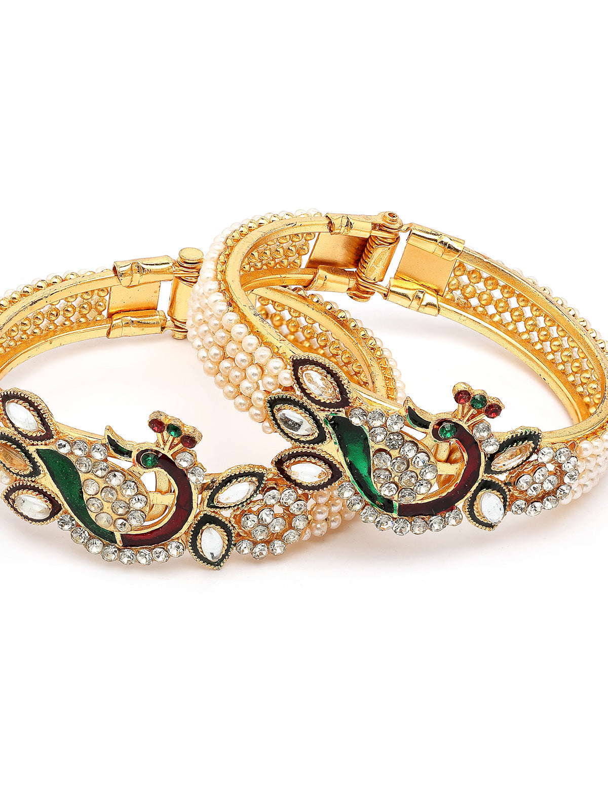 Sukkhi Trendy Fashion 18K Gold Plated with Diamond Studded Peacock Shaped & Meenakari Work Kada Bangle Set Jewellery For Women & Girls|Pack of 2|CBK107312 CBK107312
