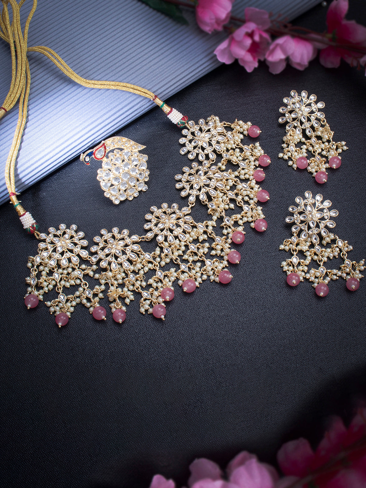 Sukkhi Classy Gold Plated Kundan & Pearl Choker Necklace Combo Set Worn By Karisma Kapoor CBMIX100639