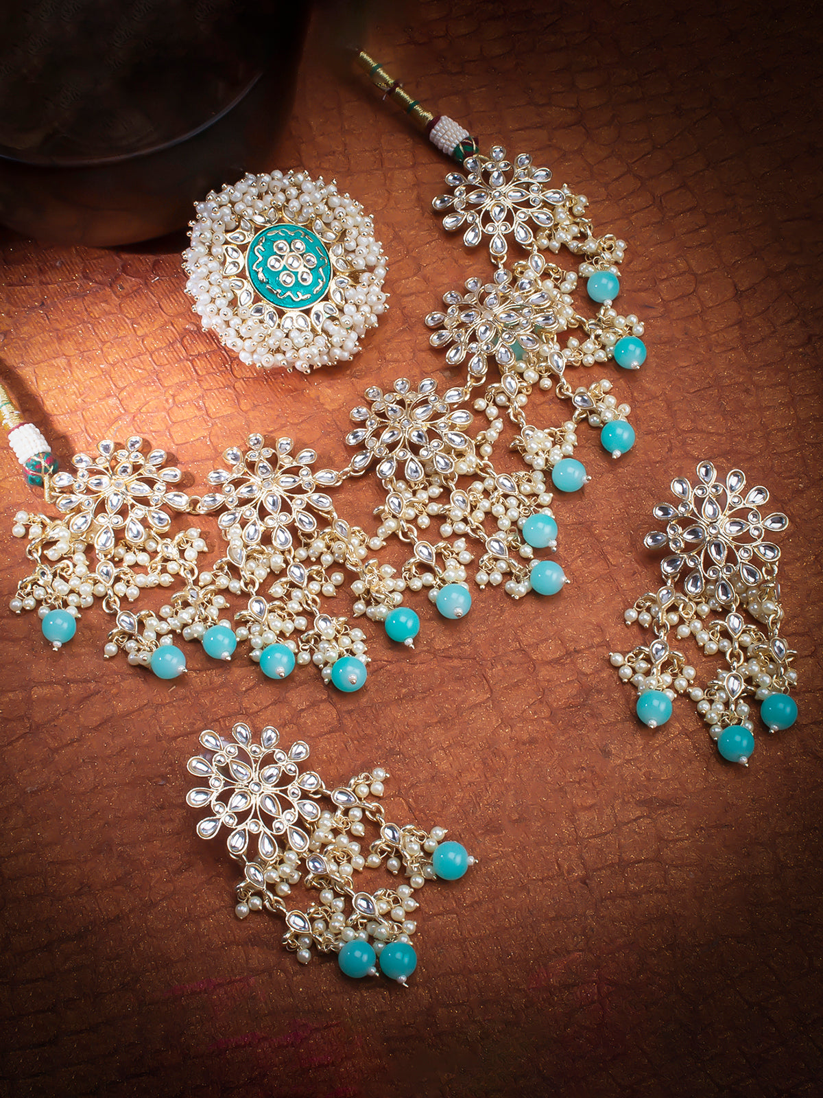 Sukkhi Pleasing Gold Plated Kundan & Pearl Choker Necklace Combo Set Worn By Karisma Kapoor CBMIX100640
