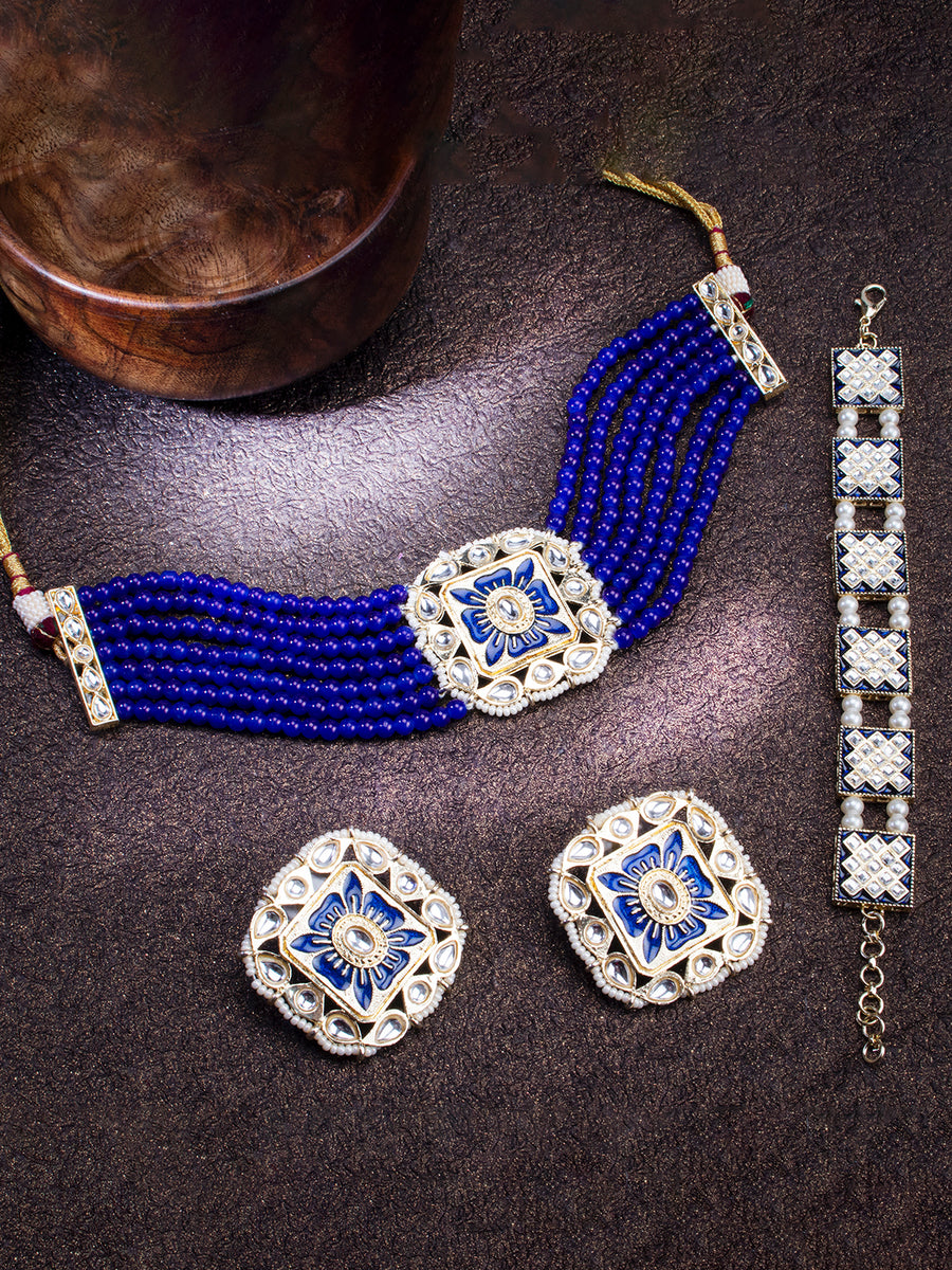 Sukkhi Graceful Gold Plated Kundan Meenakari Choker Necklace Combo Set Worn By Karisma Kapoor CBMIX100642