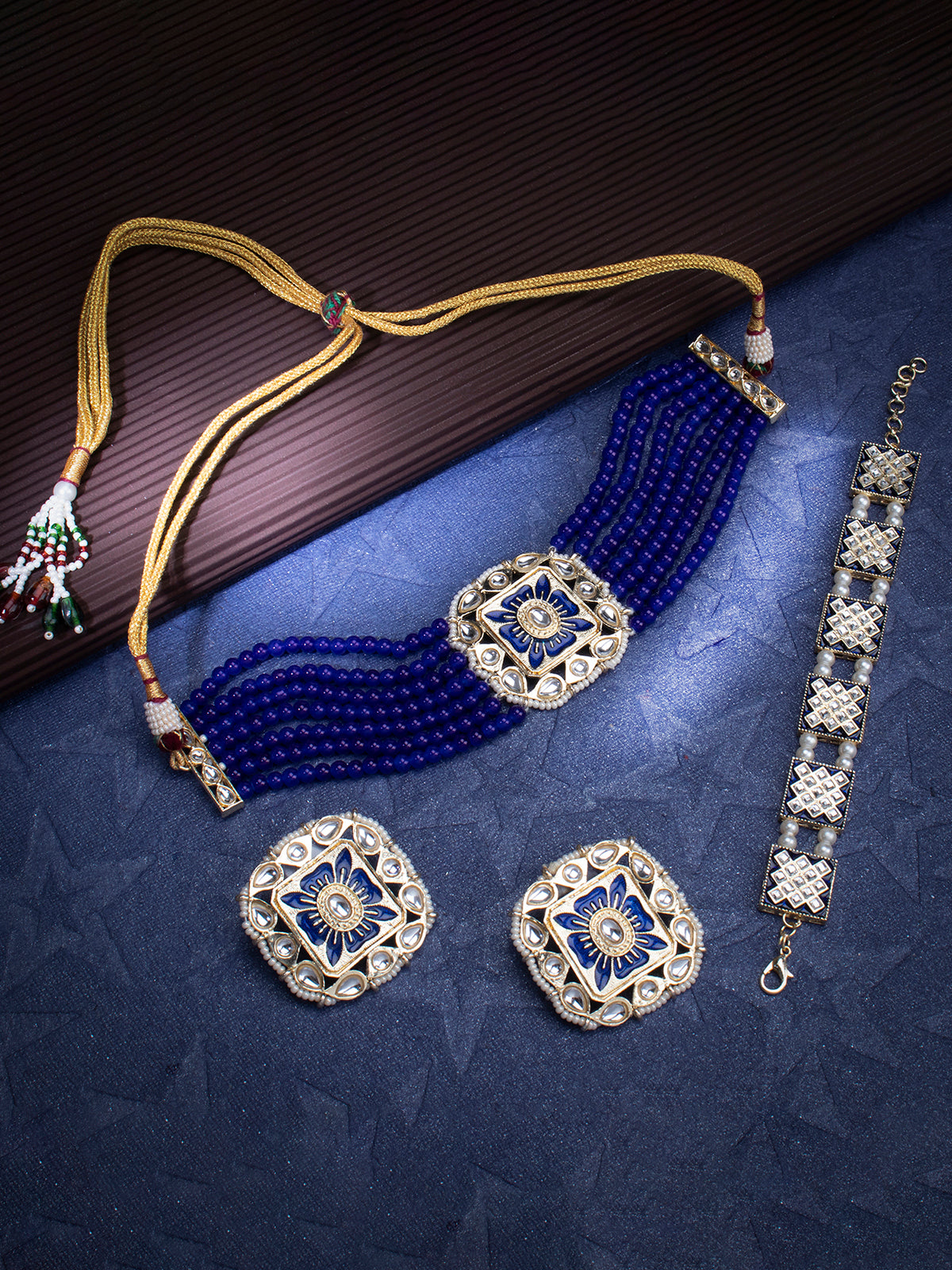 Sukkhi Graceful Gold Plated Kundan Meenakari Choker Necklace Combo Set Worn By Karisma Kapoor CBMIX100642