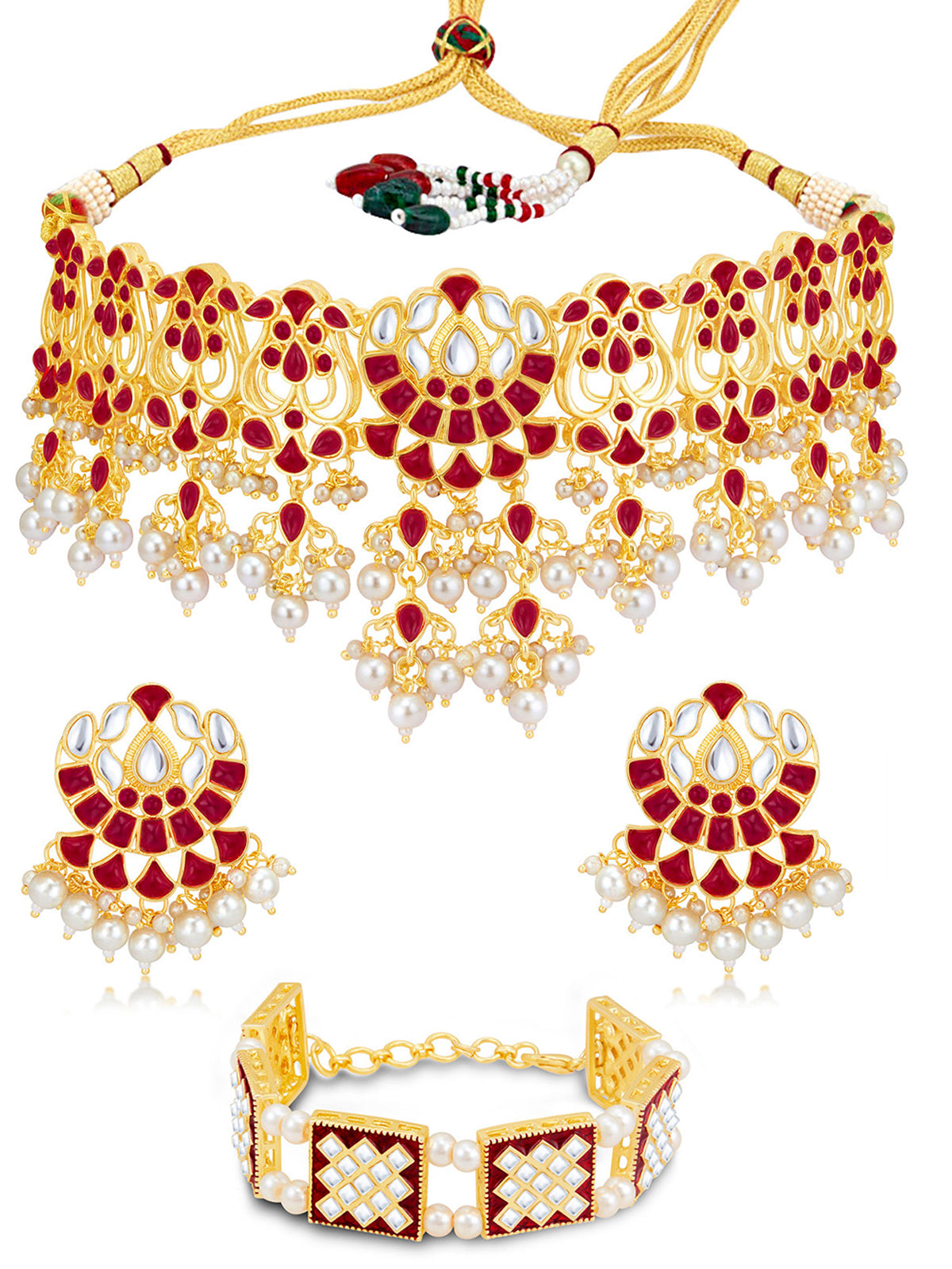 Sukkhi Fascinating Gold Plated Kundan & Pearl Choker Necklace Combo Set Worn By Karisma Kapoor CBMIX100644