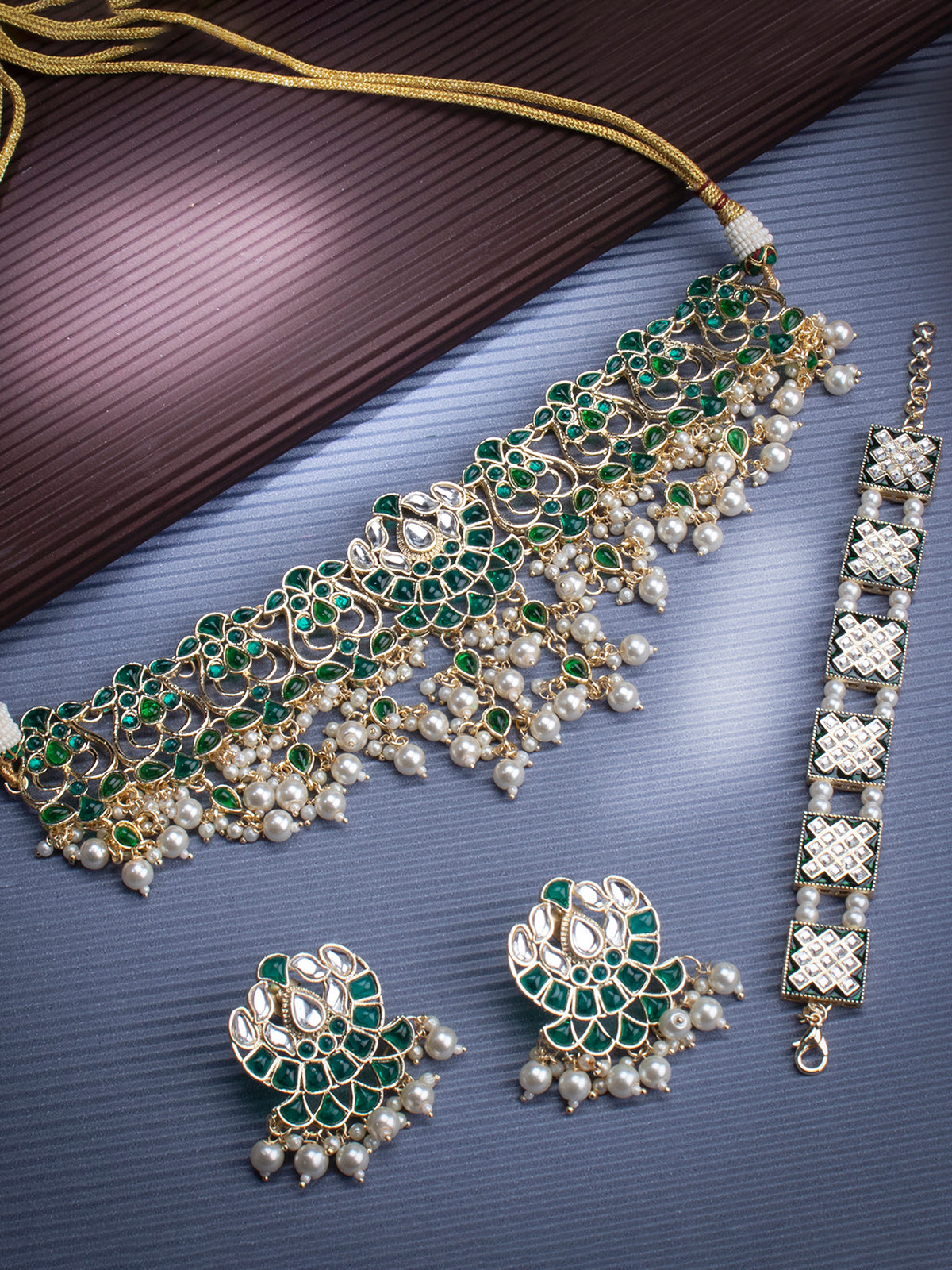 Sukkhi Ravishing Gold Plated Kundan & Pearl Choker Necklace Combo Set Worn By Karisma Kapoor CBMIX100645