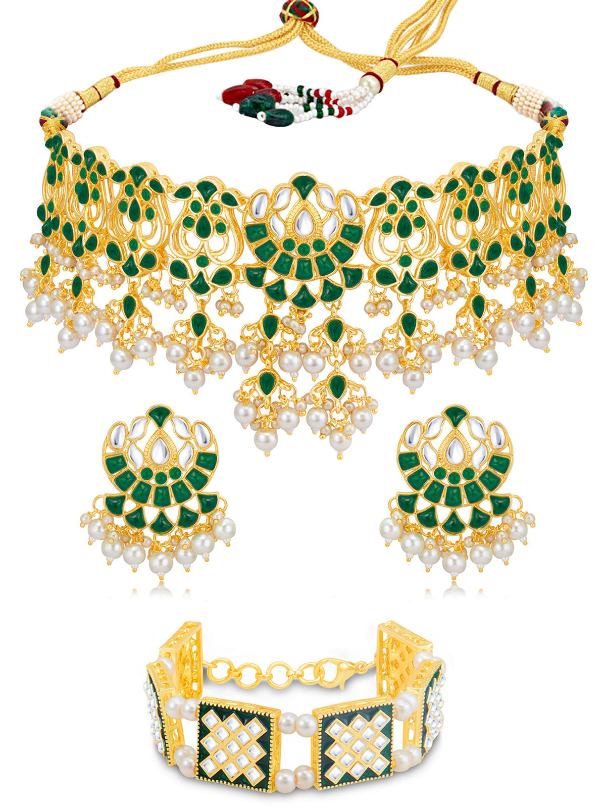 Sukkhi Ravishing Gold Plated Kundan & Pearl Choker Necklace Combo Set Worn By Karisma Kapoor CBMIX100645