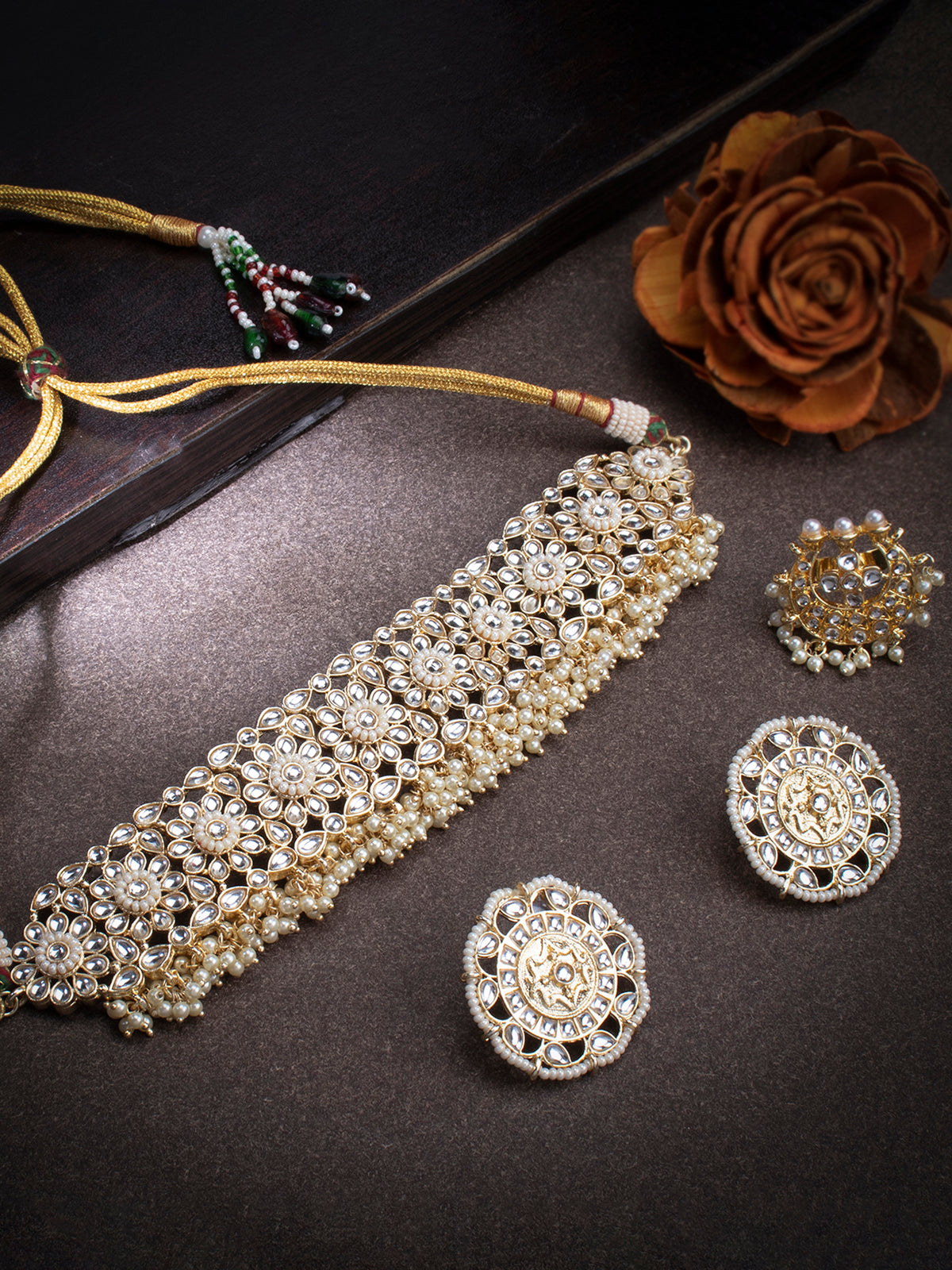 Sukkhi Glorious Gold Plated Kundan & Pearl Choker Necklace Combo Set Worn By Karisma Kapoor CBMIX100650