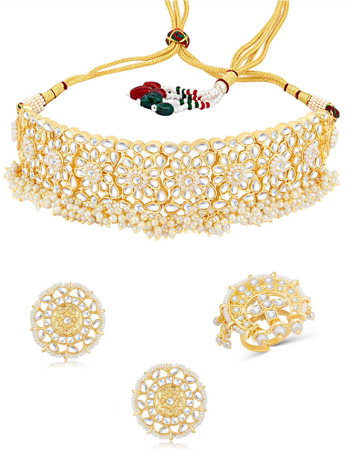 Sukkhi Glorious Gold Plated Kundan & Pearl Choker Necklace Combo Set Worn By Karisma Kapoor CBMIX100650