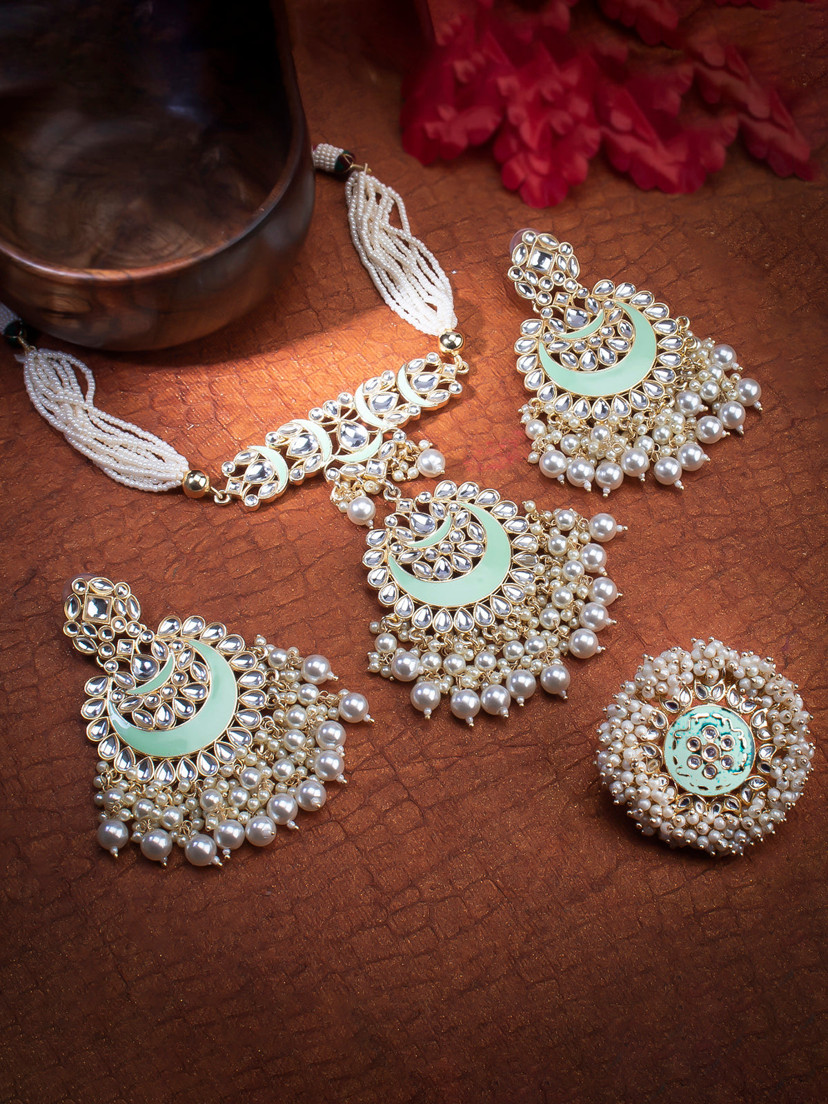 Sukkhi Delicate Gold Plated Kundan & Pearl Mint Choker Necklace Combo Set Worn By Karisma Kapoor CBMIX100652